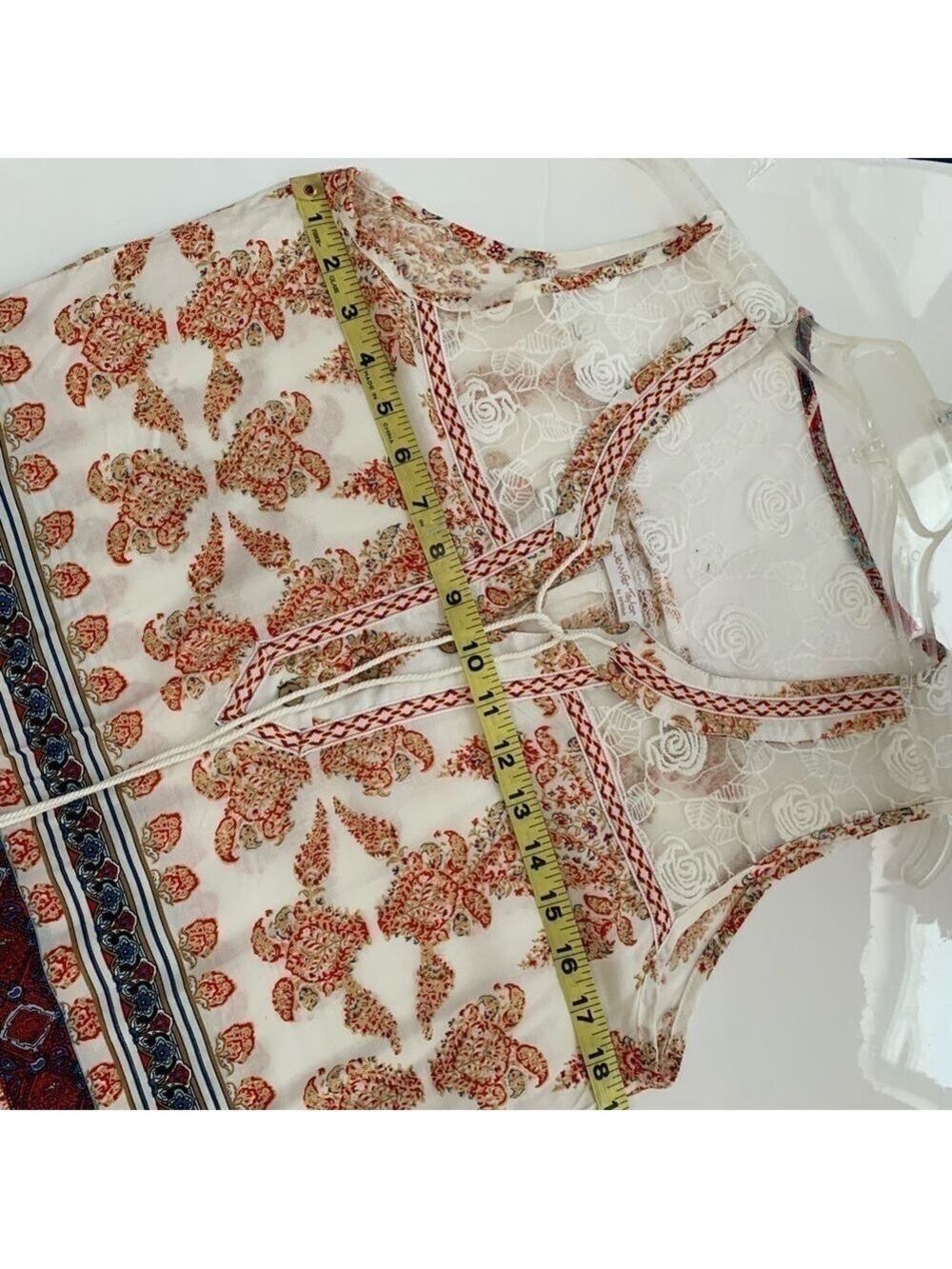 JENNIFER TAYLOR multicolor boho print lace yoke festival sleeveless tie neck top - Picture 7 of 10